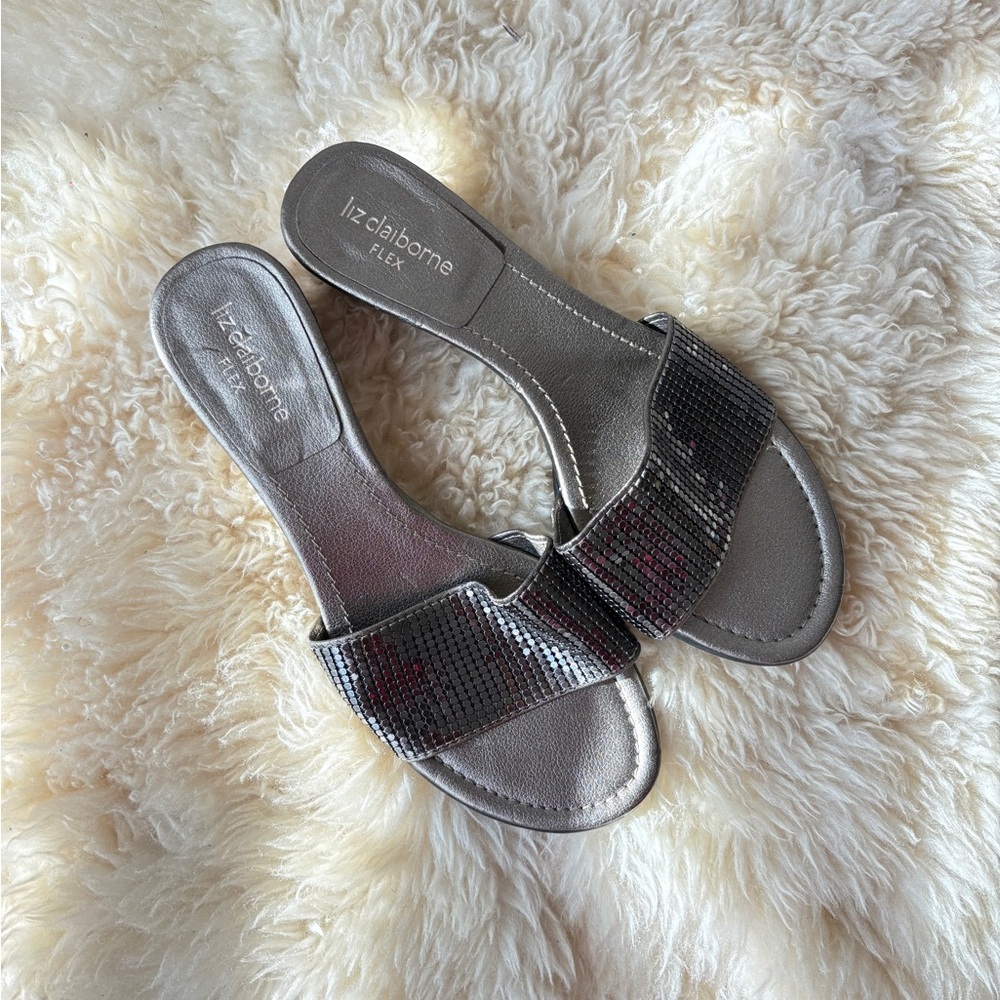 Liz Claiborne Silver Slide Sandals Vintage Silver Sequin Slippers